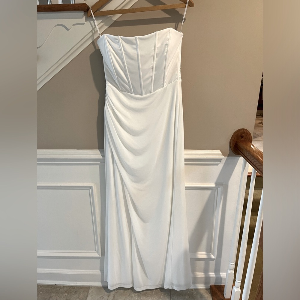 Strapless White Evening Gown with Front Slit - Picture 4 of 13